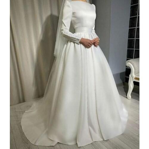 Muslim Long Sleeves Satin Wedding Dresses with Pockets A-Line Floor Length O-Neck Sweep Train Maxi Bridal Gowns for Women