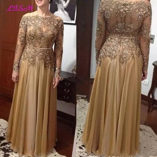 Gold Long Sleeves Mother Of The Bride Dresses A-Line Beaded Crystals Evening Party Dress Plus Size Wedding Guest Dress