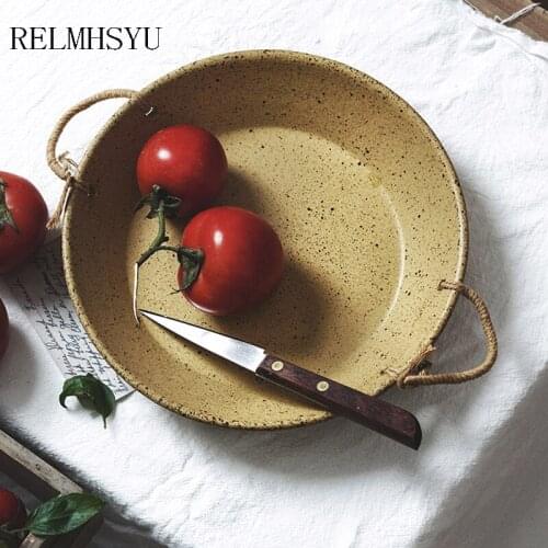 1PC RELMHSYU European Style Retro Ceramic Distressed Binaural Hemp Ropet Soup Plate Western Household Deep Fruit Plate