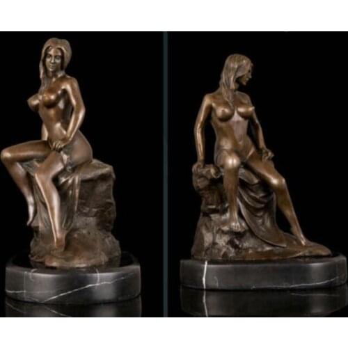 28cm Abstract Copper Bronze marble base "sitting nude beautiful girl"