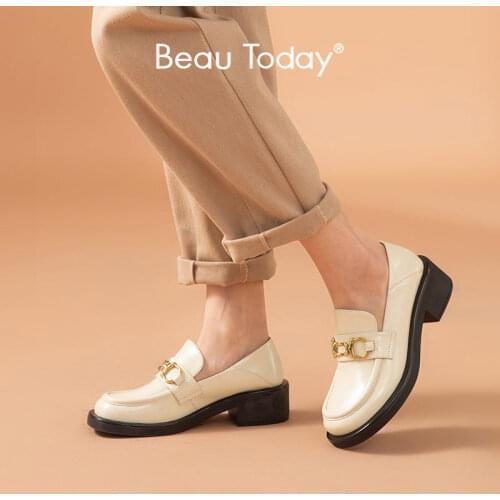 BeauToday Chunky Loafers Women Genuine Cow Leather Round Toe Metal Buckle Decoration Platform Slip On Lady Shoes Handmade 27627