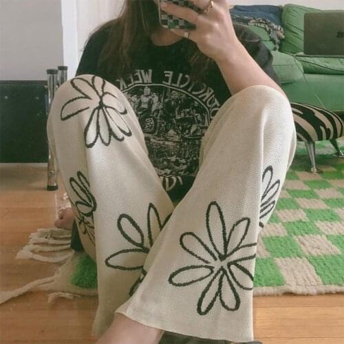 Knit Y2K Beige Wide Leg Pants Women Casual High Waist Fashion Floral Pants White Vintage Print Loose Capri Trousers 2021 Summer
