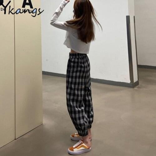 Korean Fashion Trousers Women Harajuku Loose Plaid Pants Joggers Elastic High Waist Casual Baggy Harem Pants Sweatpants Woman
