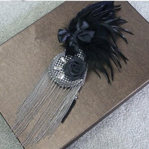Boutonniere Handmade Fabric Flower Bow Chain Brooch Wedding Suits Brooch Black Feather Corsage Banquet Party Men Gift Pin