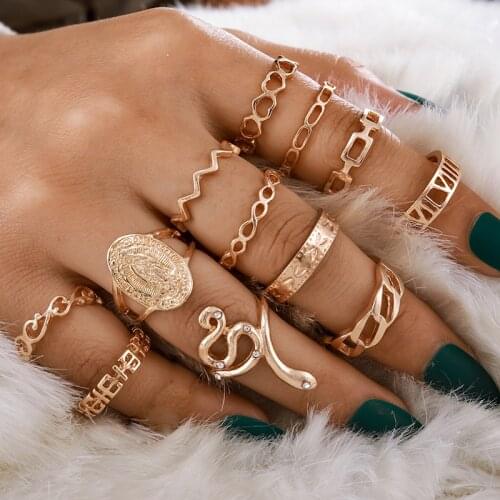 Docona 13pcs/set Snake Heart Knuckle Midi Ring Set for Women Rhinestone Gold Rings Anillos Jewelry 14458
