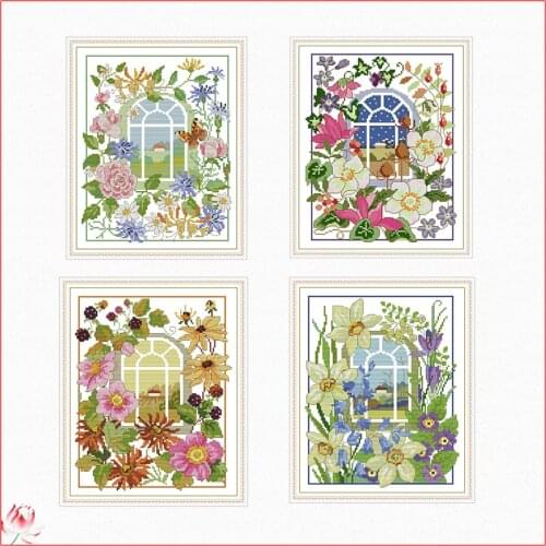 Four Seasons Flower Window View Cross Stitch Kit 14CT 11CT Counted Printing Fabric DIY Chinese Embroidery Kit Home Wall Deco