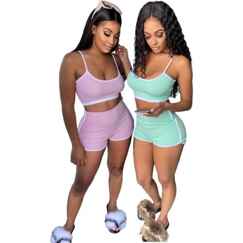 Ribbed Women Set Two Pieces Set Spaghetti Strap Camisole Crop Top Shorts Jogger Sweatpant Suit Matching Set Fitness Tracksuit
