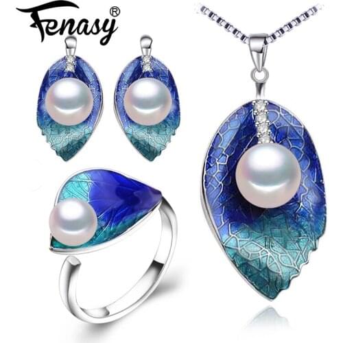 FENASY Pearl Jewelry sets 925 Sterling Silver stud earrings,natural Pearl leaf necklace for women Cloisonne earrings ring set