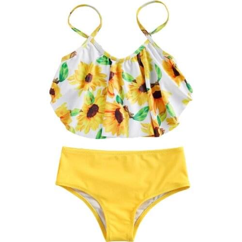 Cute Girl Swimwear Sunflower Print Sleeveless Ruffle Swimsuits Bikini Sets Two-piece Suit for Vacation Swimming Beach Costume