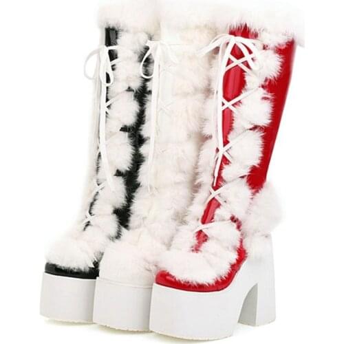 Fashion Small Size 28 Knee High Boots Winter warm thick plush Square High Heels 15cm Quality platform 7cm Snow women shoes Z2