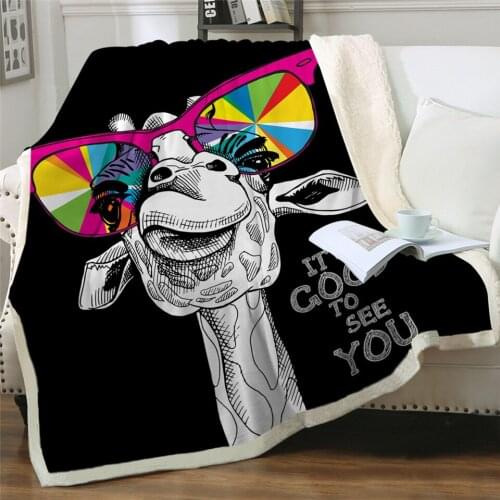 2020 New Funny Giraffe Sherpa Blanket Animals Blankets For Beds Rainbow Sunglasses Soft Fluffy Fashion blanket