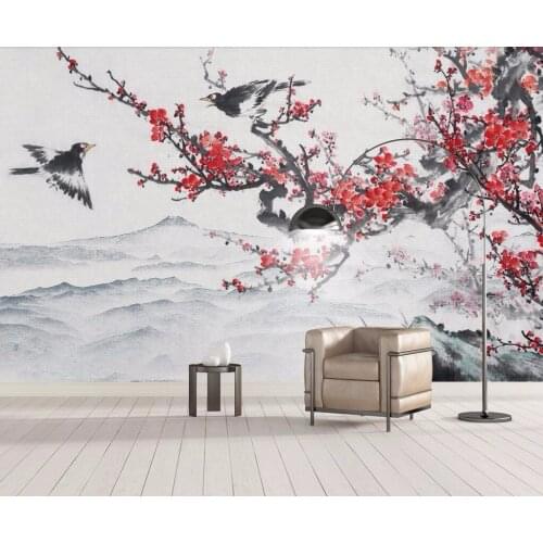 Beibehang Custom wallpaper Chinese flower and bird ink hand-painted plum landscape TV couch background wall murals 3d wallpaper