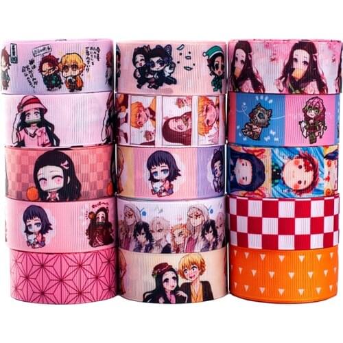 Kimetsu no yaiba Printed Grosgrain/Satin Cartoon Ribbon 5Yard 25mm/38mm Ghost Destruction Heat Transfer for Crafts DIY Hair Bows
