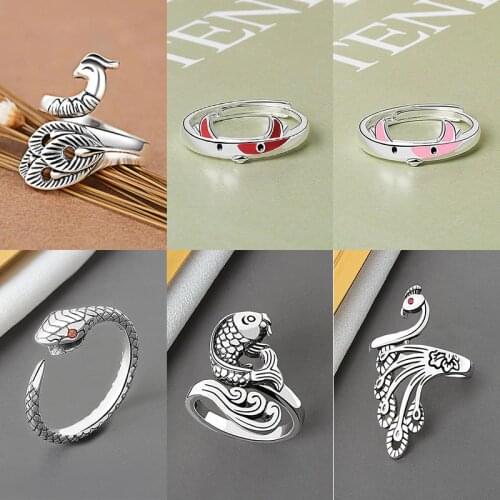 Unique Phoenix Peacock Ox Bull Fish Open Ring for Men Women Personalise Retro Sliver Color Animal Snake Adjustable Finger Rings