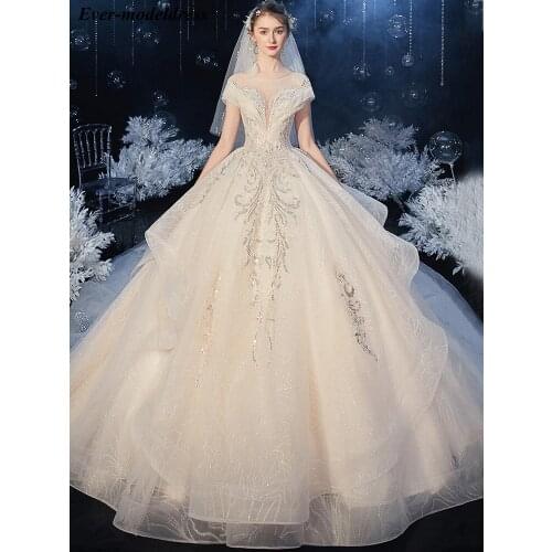 Luxury Shiny Sequin Lace Wedding Dress Ball Gown Sheer Neck Lace-up Back Court Train Wedding Gowns Bride Dresses Robe De Mariee