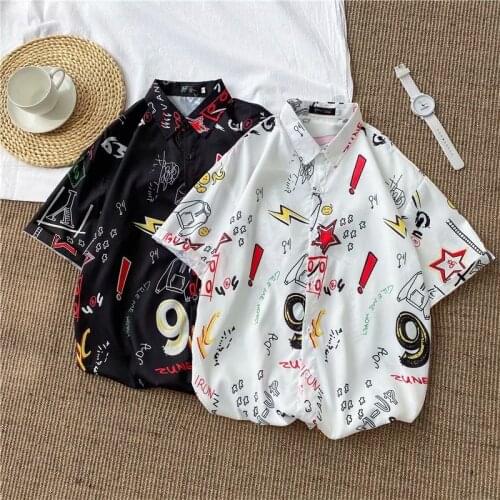 2021 Summer Mens Shirts Japan Style Harajuku Fashion Streetwear Short Sleeve Shirts Men Casual Men Clothing Graffiti Shirts Men