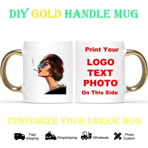 DIY Smoking girl Mug Gold handle Personalized Ceramic Mugs Coffee Milk Cup Gift Print Pictures photo mug KTDZ-RW-005-JB