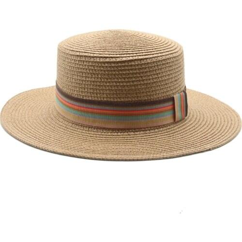 Sun hats women men casual flat top wide brim band striped summer hats women white khaki black beach sun protection summer hats