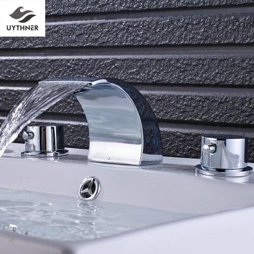 Uythner Newly Solid Brass C Style Three Sets Two Handle Three Hole Bathroom Basin Faucet Mixer Tap