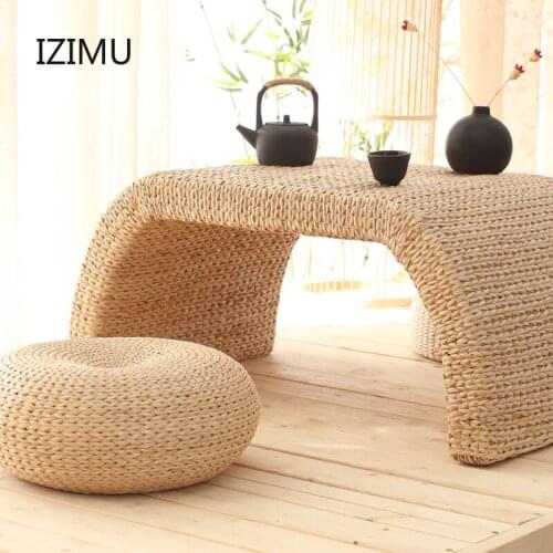 IZIMU Handmade Straw Weaving Window Tatami Coffee Table Living Room Balcony Short Tea Platform Table Stool Outdoor Cushions