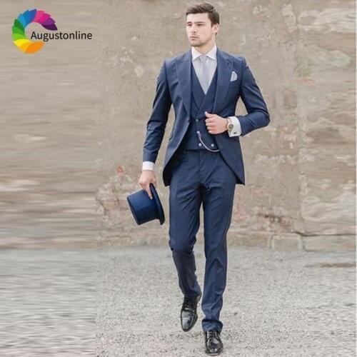 Navy Blue Italian Mens Classic Suits Wedding Groom Tuxedos 3 Pieces (Jacket+Pants+Vest) Bridegroom Suits Best Man Blazer Ternos