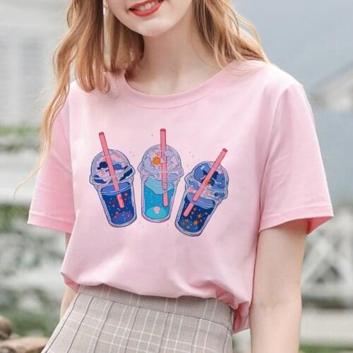 Fashion Summer Womens Cocktail Drink Print Harajuku Round Neck Short Sleeve Pink Casual Sports Korean Vogue Womens T Shirt