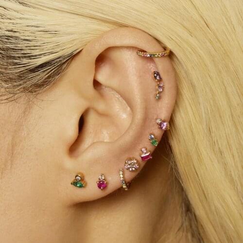 High quality 925 sterling silver green red white cz paved eye shape rainbow crystal Mini Small stud earring jewelry for women