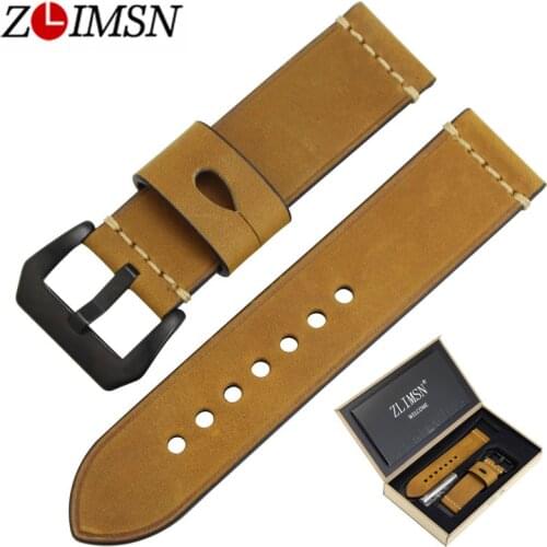 ZLIMSN Genuine Leather Watch Bands Straps Men Belts Replacement 22 24mm Watchbands Brown Gray Oil Red Stainless Steel Pin Buckle
