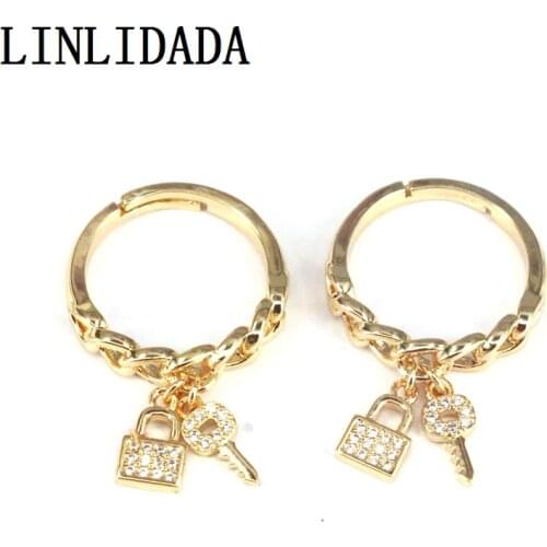 10Pcs Gold Curb Link Chain Key Padlock Charm Rings For Women CZ Stacking Micro Pave Open Ring Wholesale Bulk Jewelry