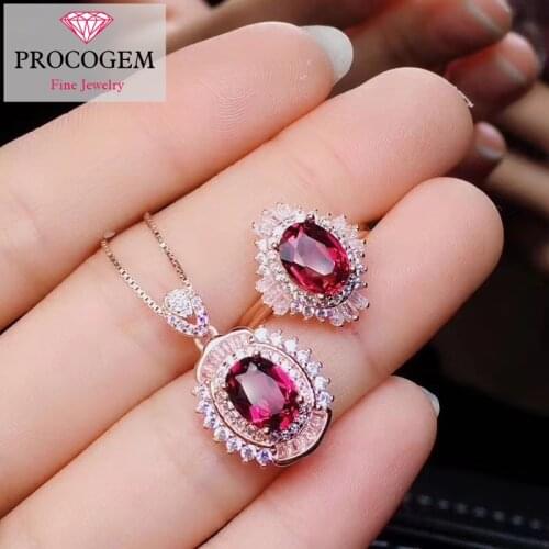 5A Natural Garnet Jewelry sets for Ladies gifts 1.4ctx2pcs Genuine gemstone Necklace/Ring fine Jewelry 925 Sterling Silver #300