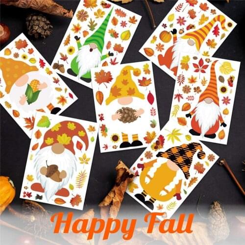 8 Sheet 91Pcs Thanksgiving Window Stickers Electrostatic Glass Decoration Maple Leaf Decals Old Man Doll Decoration Stickers