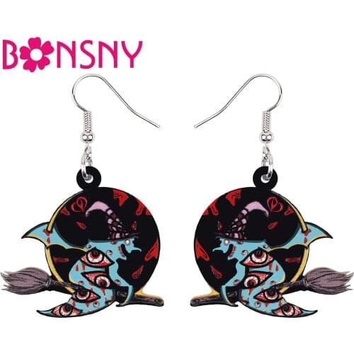 BONSNY Halloween Acrylic Round Shape Horrror Eyeball Broom Witch Earrings Long Drop Dangle Charm Jewelry For Women Girls Gift