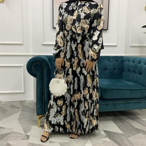 Aligaia Fashion Printed Pleated Pendulum Dress For Women 2021 Summer New Dubai Turkey Muslim Hijab Dress Islam Clothing