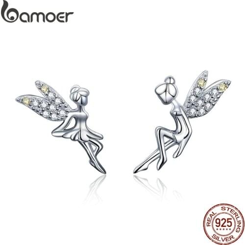 BAMOER Romantic Genuine 925 Sterling Silver Cute Fairy Elevs Exquisite Stud Earrings for Women Luxury Jewelry Making BSE046