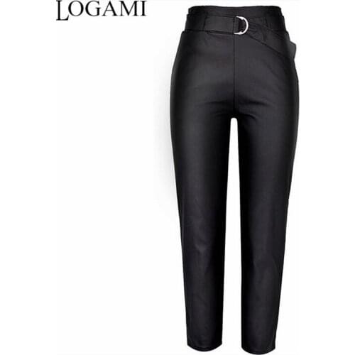 LOGAMI Faux Leather Pants Women Elastic High Waist Pu Pants Trousers Casual with Belt Black