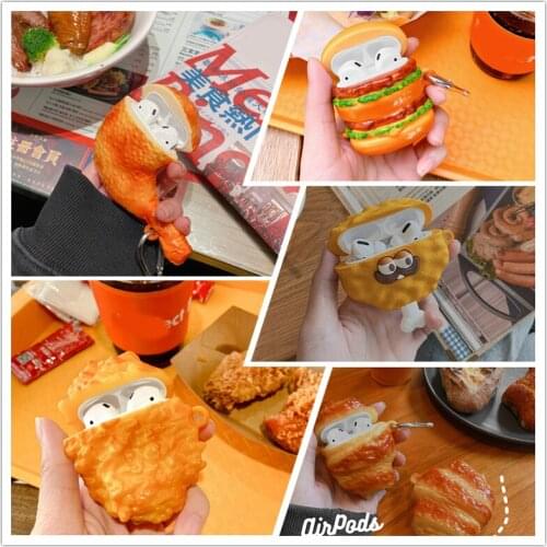 Food case 3d for airpods 1 2 pro charging box croissant hamburger soft silicone wireless bluetooth headset protective cover coke