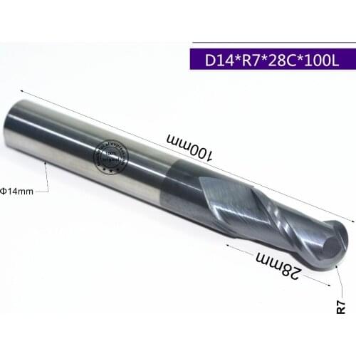 D14*R7*28C*100L-1PCS,Freeshipping HRC45 2 Flute ball nose CNC solid carbide end mill,Tungsten steel Tialn Coating milling cutter