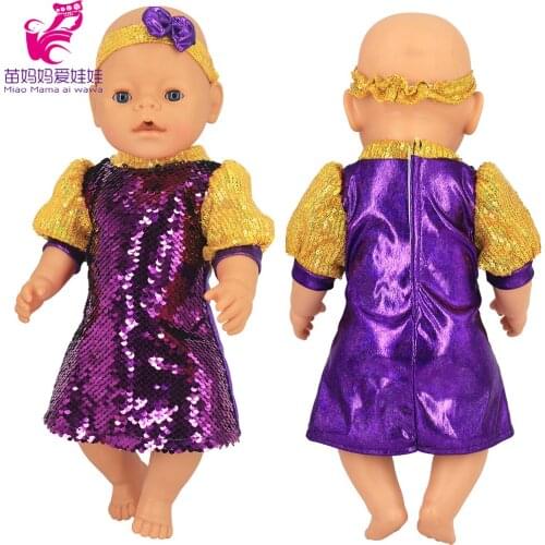 Baby doll glitter sequins partry dress 18 inch girl doll purple formal dress and headwear girl new year gift