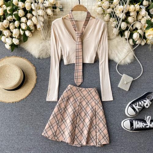 Women Deep V T Shirt+High Waist Skirts Set With Tie Solid Crop Tops Jk Plaid Skirt Sets Sexy Woman Two Piece Set 2021