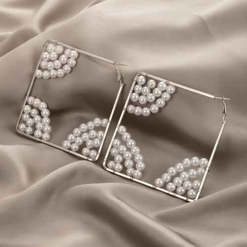 Docona Punk Artificial Pearl Square Drop Earring for Women Fashion Geometry Metal Alloy Earring Female Party Jewelry Accessory