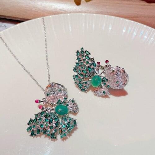 925 Silver Jewelry Set for Women Vintage Trend Jade Tourmaline Butterfly Ring Necklace Pendant Sets Wedding Engagement Jewelry