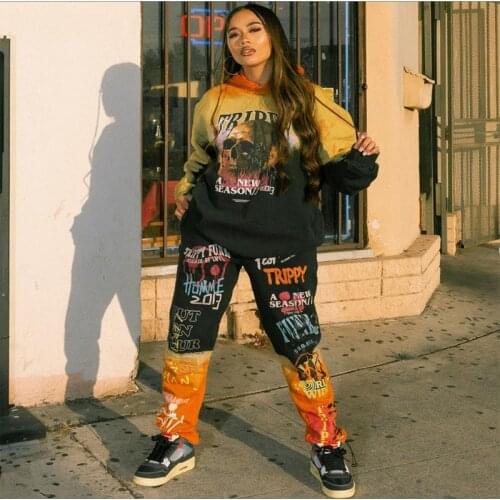 2021 New Fashion Skull Letter Print 2 Pieces Set Vintage Harajuku Streetwear Long Sleeve Hoodies and Trousers Casual Suit Autumn