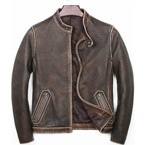 Mens Motorcycle Jacket Stand Collar Slim Fit Biker Genuine Cowhide Leather Jackets Vintage Autumn Winter Coat