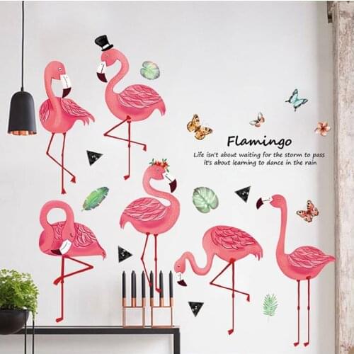 Pink Flamingo Wall Stickers Nordic Leaves Butterfly Decoration Living Room Bedroom Wall art Decals Home Decor