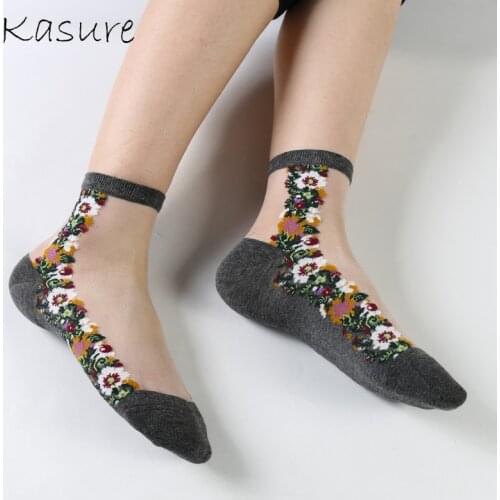 KASURE Vintage Spring Summer Thin Glass Mesh Socks Women Ankle Floral Fishnet Dropshipping Wholesale Cotton Transparent Socks
