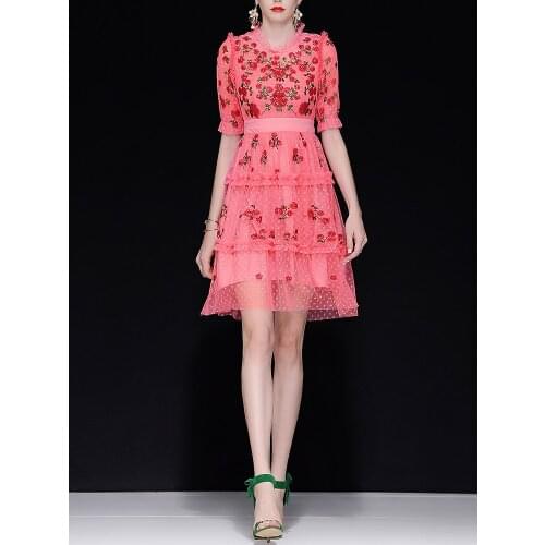 New womens spring and summer mesh heavy work embroidery beads in the sleeves waist slimming ladies dress