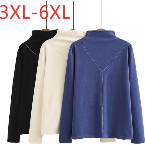 New Ladies Autumn Winter Plus Size Basic Tops For Women Large Long Sleeve Elastic Slim Blue Beige Thick T-shirt 3XL 4XL 5XL 6XL
