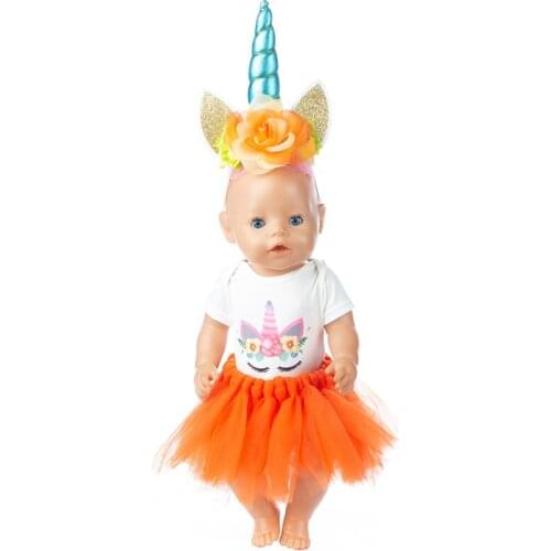 Born Baby Doll Clothes Fit 18 inch 40-43cm Girl Boy Manual Unicorn Skirts headwear set For Baby Doll Accessories Birthday Gift