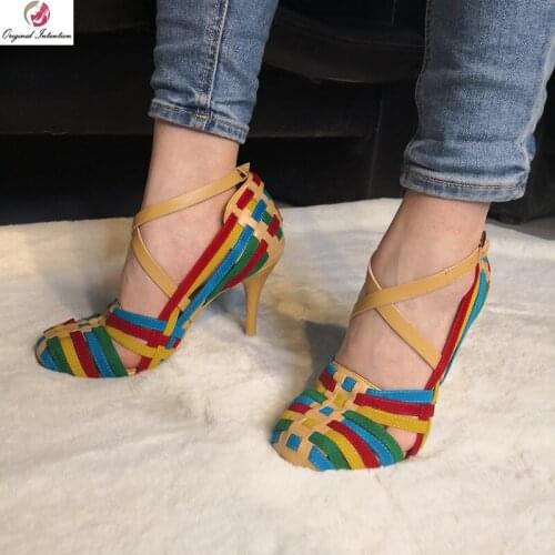 Original Intention Sexy Women Sandals Elegant Round Toe Thin High Heels Sandals Muliticolors Shoes Woman Plus Size 4-15
