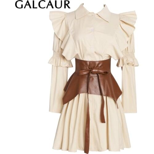 GALCAUR Puff Long Sleeve Dresses For Female Patchwork Ruffle High Waist Slimming Ruched With Belt Womens Dress Fashion New